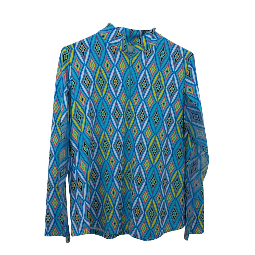 IBKÜL Shirt Womens Large Blue Geometric Print Mock Neck Quarter Zip UPF 50 Top